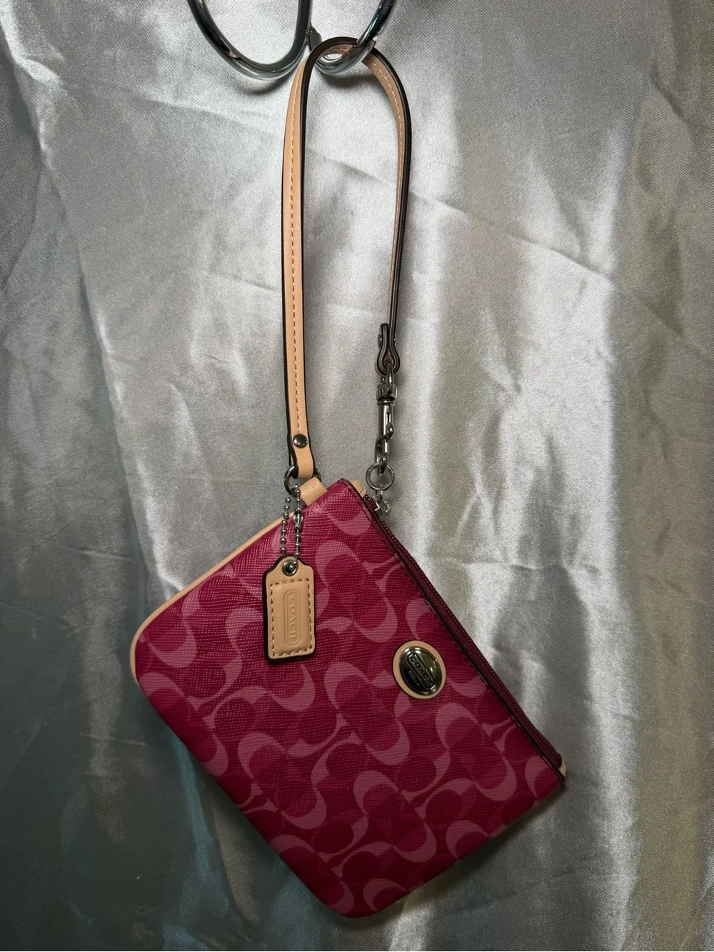 Coach Signature Canvas Wristlet in Fuchsia with Tan Strap